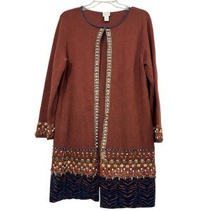 Chicos Embellished Cardigan Jacket M Rust‎ Brown Blue Animal Print Beaded Boho